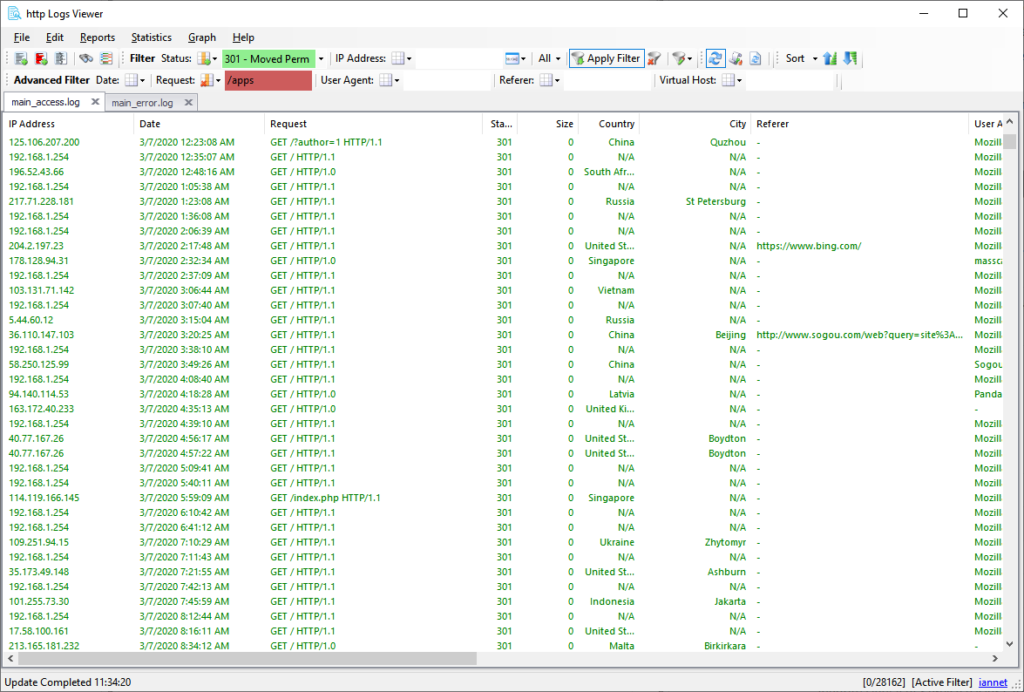 Apache Logs Viewer main window with active filter