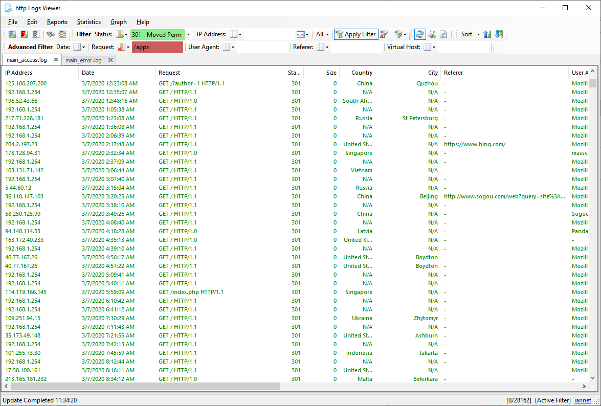 http Logs Viewer showing web requests with an active filter